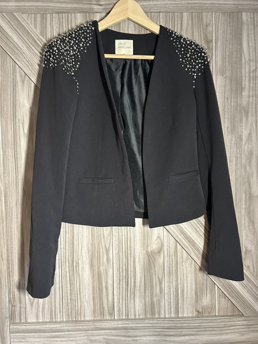 Silence + Noise Black Rhinestone Embellished Open Front Blazer Jacket